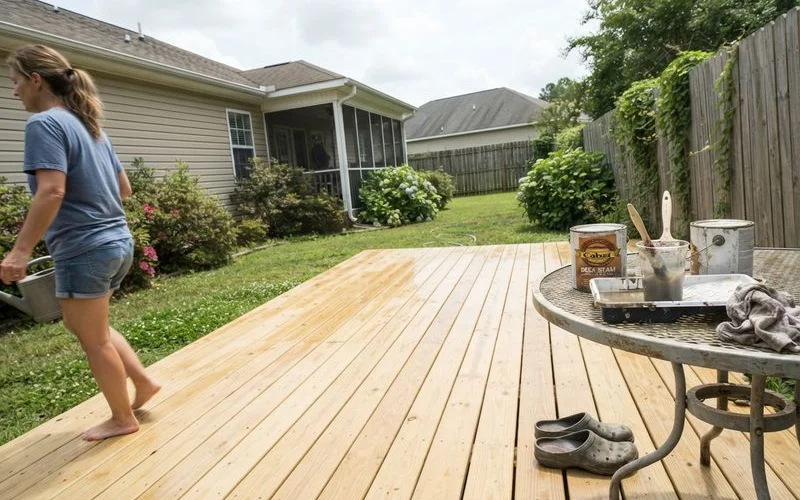 A freshly cleaned deck with visible clean wood grain drying in the sun before a stain application in Columbia SC