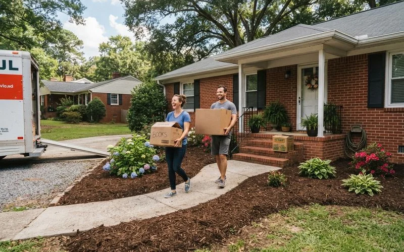 A moving truck parked outside a house with boxes on the porch, representing a new homeowner settling into a property