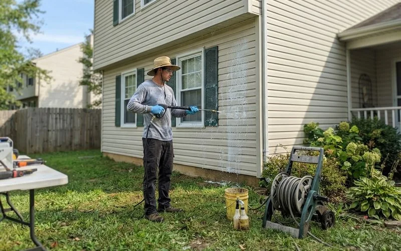 A crew soft washing the siding of a two story house with cleaning solution being rinsed off in Columbia SC
