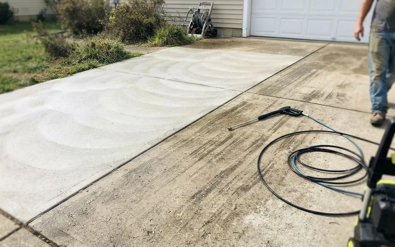 A driveway being cleaned with a surface cleaner attachment showing even pressure lines versus streaked areas from uneven passes