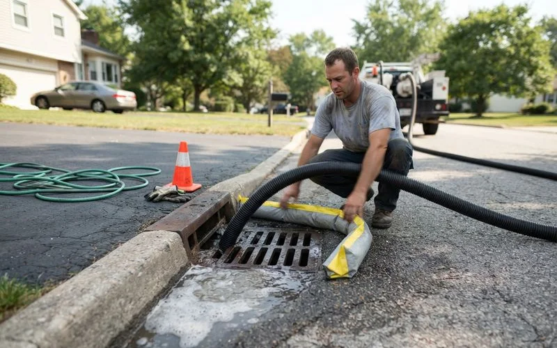 A pressure washing contractor using a wastewater containment mat near a storm drain on a commercial driveway