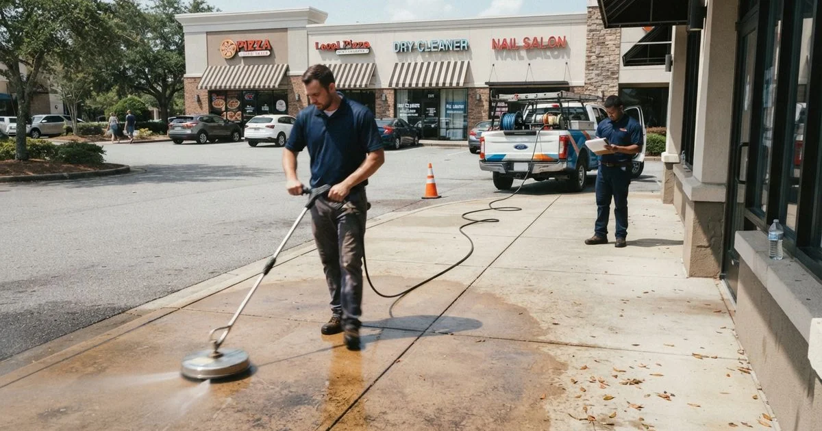 What commercial pressure washing costs in Columbia, and how contracts work